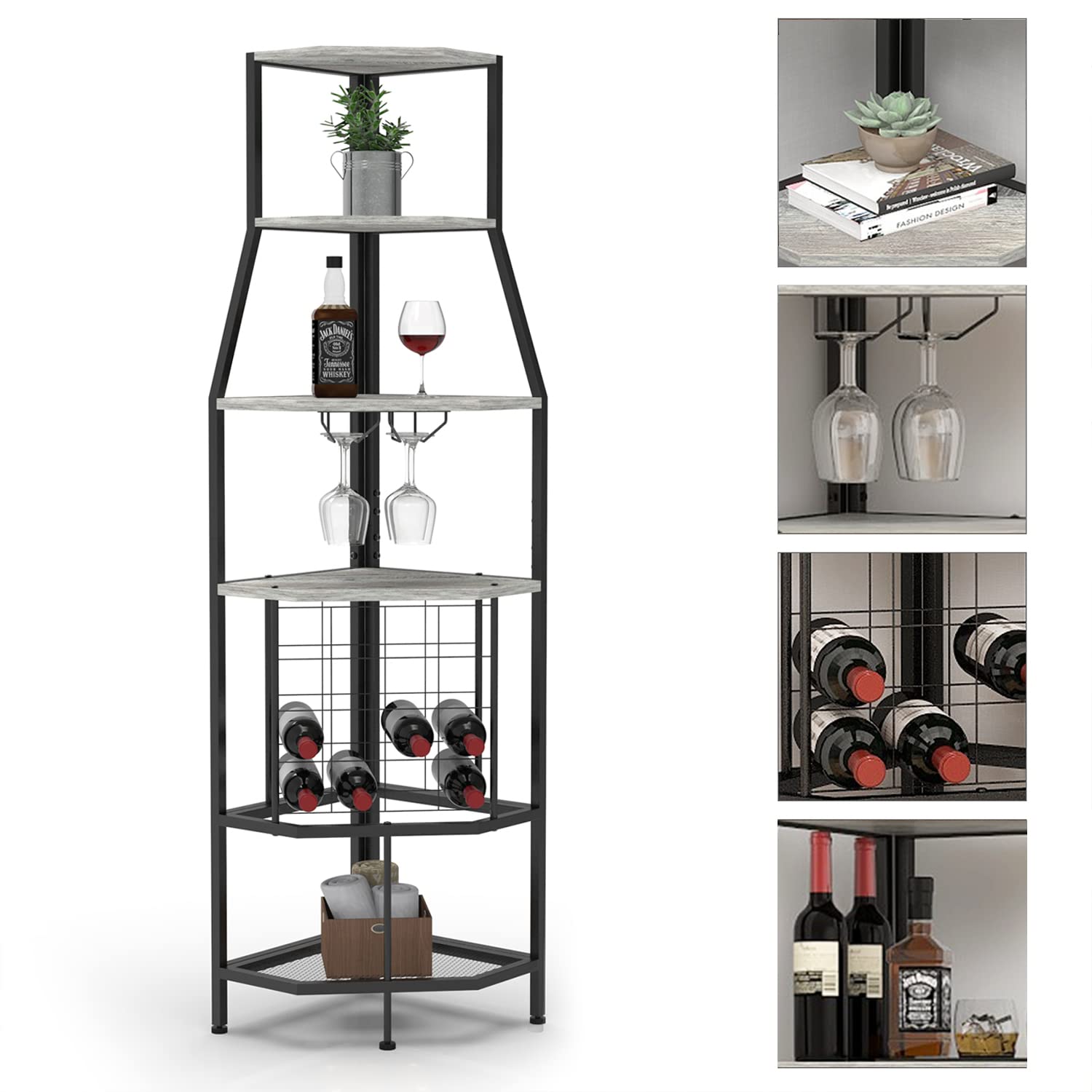 Espelism 5-Tier Corner Wine Rack Floorstanding with Glass Holder and Bottles Wine Storage Home Bar Furniture for Home Kitchen Dining Room Industrial Metal and Wooden Corner Shelf