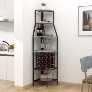 Espelism 5-Tier Corner Wine Rack Floorstanding with Glass Holder and Bottles Wine Storage Home Bar Furniture for Home Kitchen Dining Room Industrial Metal and Wooden Corner Shelf