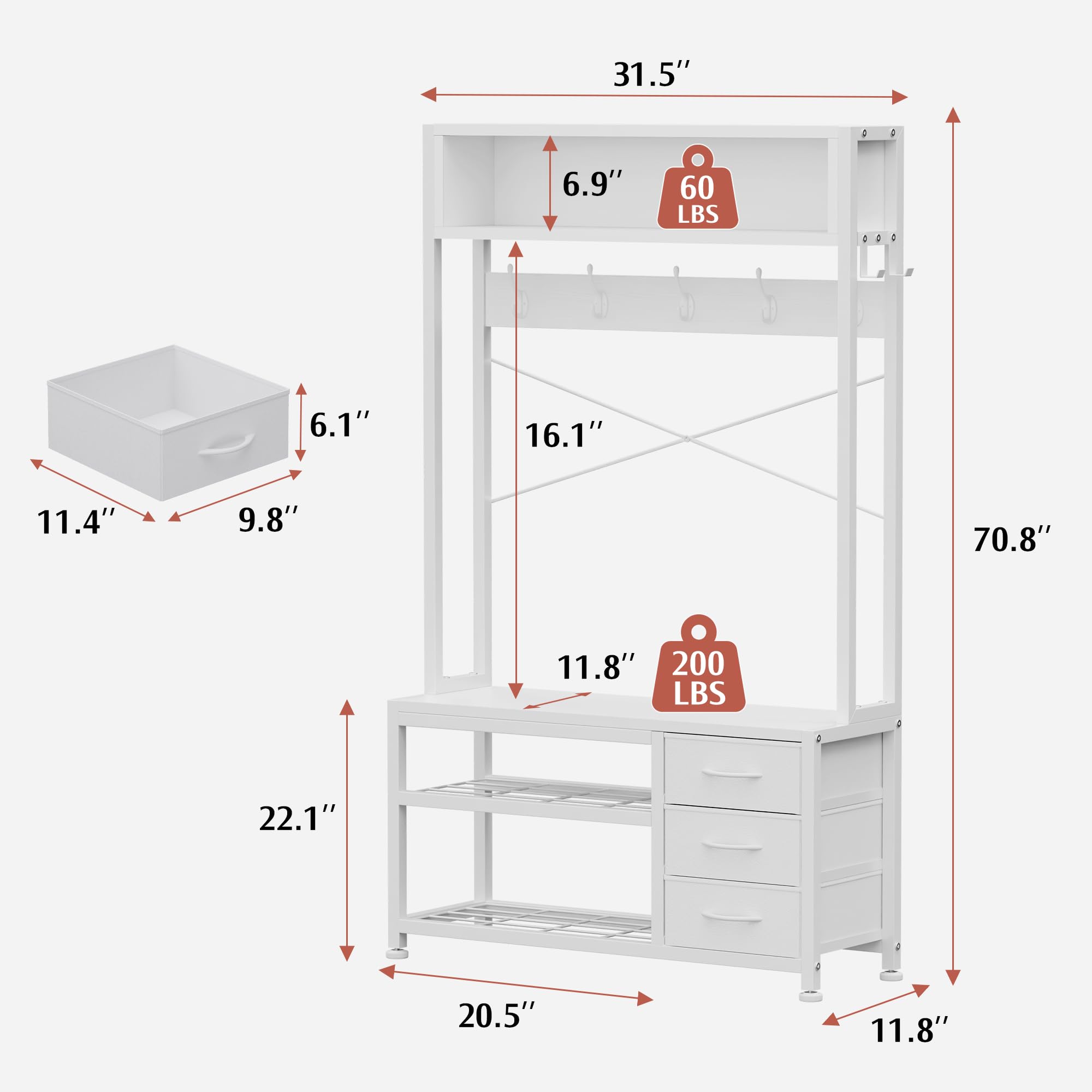 Lulive Hall Tree with Bench and Shoe Storage, 31.5" Coat Rack Freestanding with 2-Tier Storage Shelf, 5-in-1 Entryway Bench Coat Rack with 12 Hooks and 3 Drawers(White)