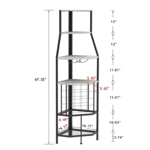 Espelism 5-Tier Corner Wine Rack Floorstanding with Glass Holder and Bottles Wine Storage Home Bar Furniture for Home Kitchen Dining Room Industrial Metal and Wooden Corner Shelf