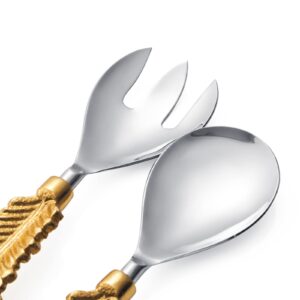 GUTE Gold Leaf Salad Servers Brass & Stainless Steel, Fork & Spoon Set Leaf Design, Two Tone Ideal for Weddings, Dinner, Elegant Flatware, Housewarming, Stainless Steel Mirror Polished