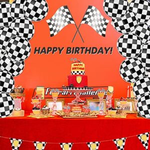 Prasacco 10Pcs Racing Car Balloon Checkerboard Mylar Balloon Foil Balloons with Ribbon and Straw Black White Checkered Helium Balloon for Boy Adult 18inch