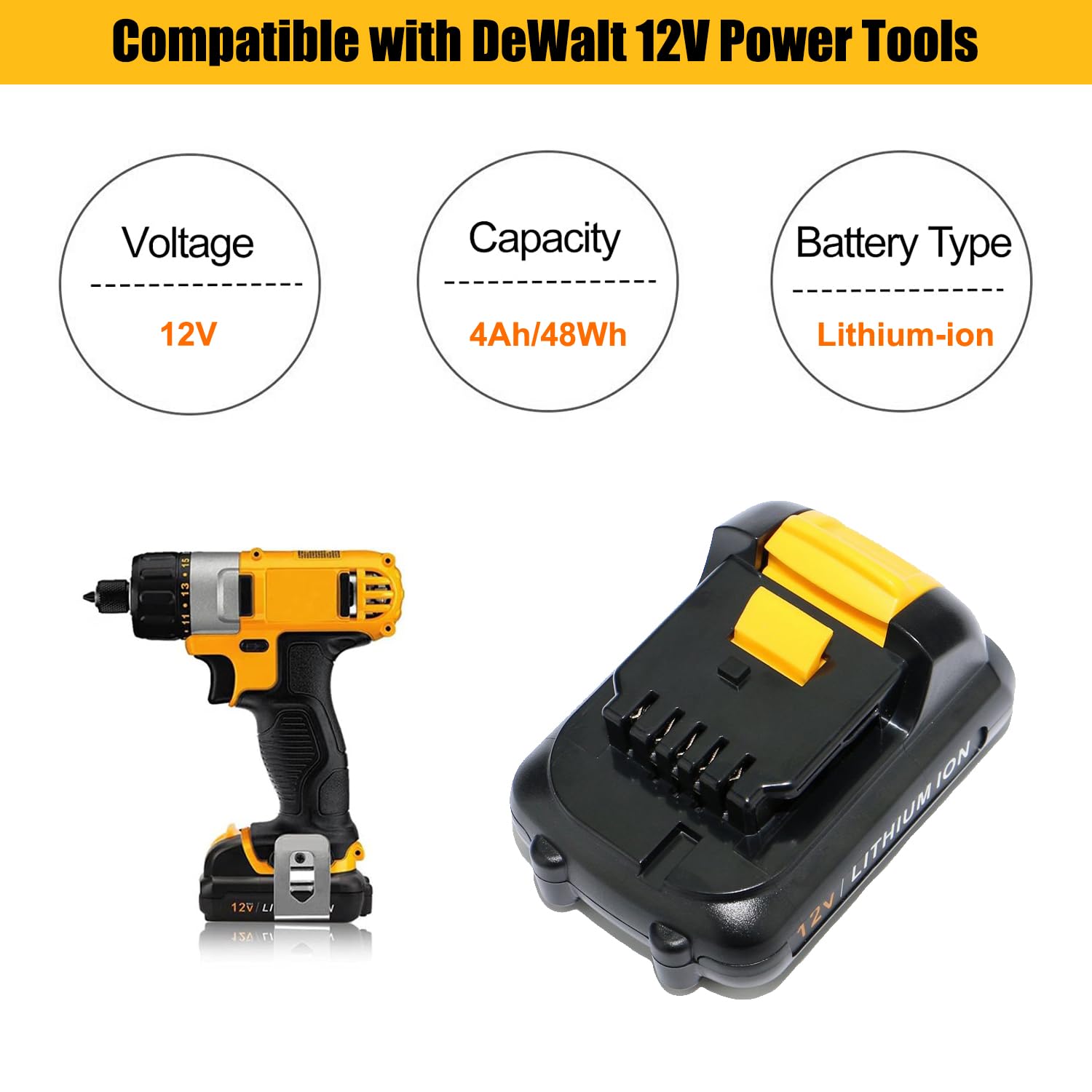 SKYON 12V 4.0Ah DCB124 Battery Replacement for 12V Max Battery DCB124 3Ah DCB122 2Ah DCB120 1.5Ah Lithium-Ion Battery Compatible with Dewalt All 12V Max Cordless Power Tools Battery