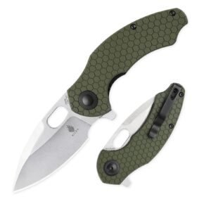 kizer roach mini green pocket knife, 154cm steel g10 handle 3 inch folding survival knife with thumb hole, removable flipper tab hunting knife, v3477c1