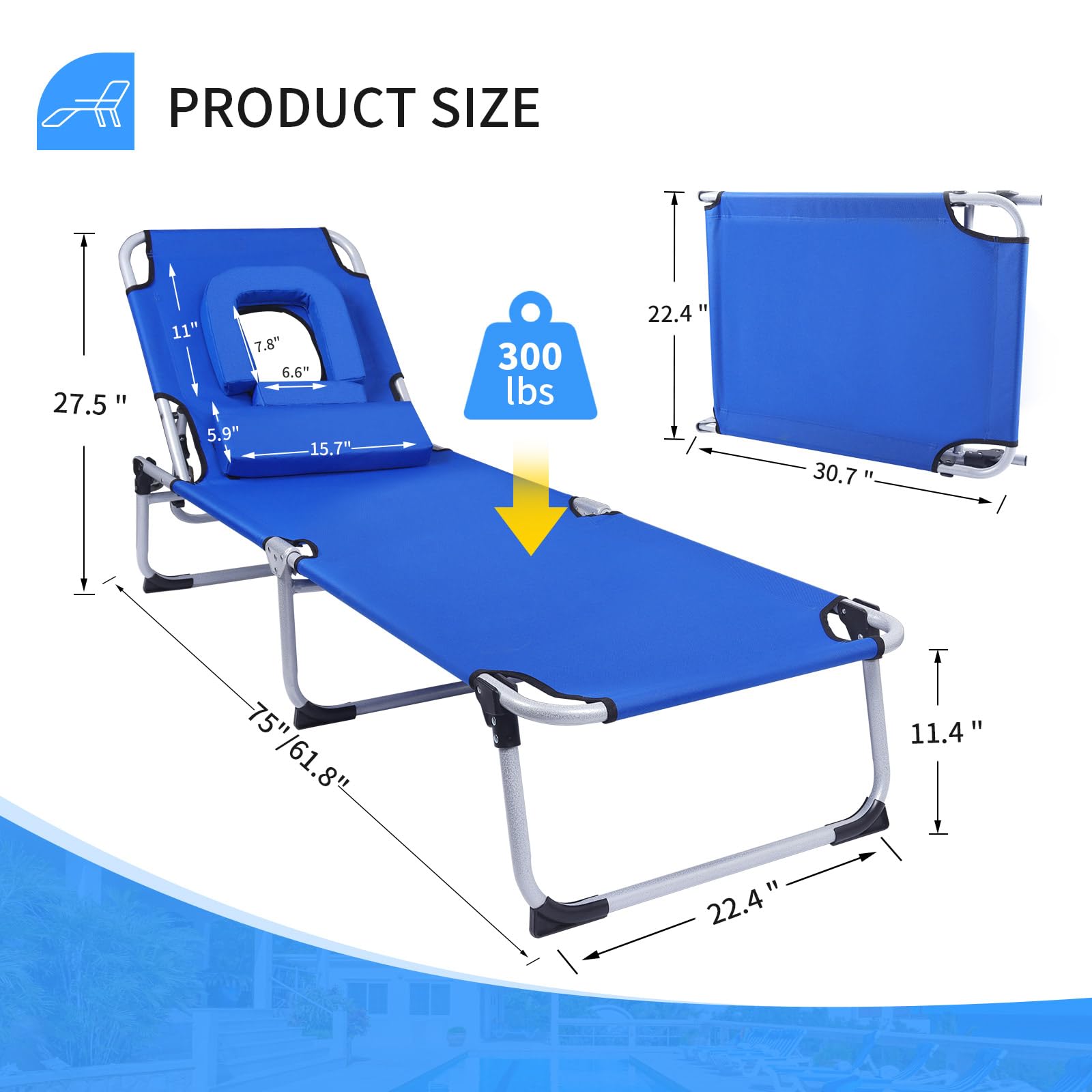 FirstE Portable Beach Lounge Chair 2PCS, Sunbathing Recliner with Tanning Face Hole Removable Pillow, Folding Beach Chaise Chair with 4 Position Adjustable, Outdoor Lounge Chair for Patio Pool