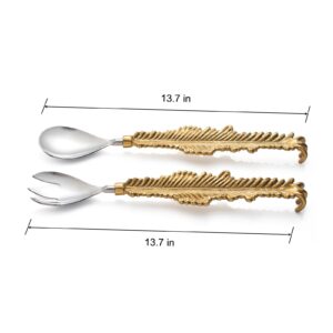 GUTE Gold Leaf Salad Servers Brass & Stainless Steel, Fork & Spoon Set Leaf Design, Two Tone Ideal for Weddings, Dinner, Elegant Flatware, Housewarming, Stainless Steel Mirror Polished