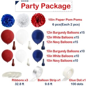 Dark Red White and Blue Balloons Garland Arch Kit with 75Pcs Navy Burgundy White Balloons 6Pcs Paper Flowers for 4th of July Patriotic Graduation Decorations Baseball Bday Party Nautical Baby Shower