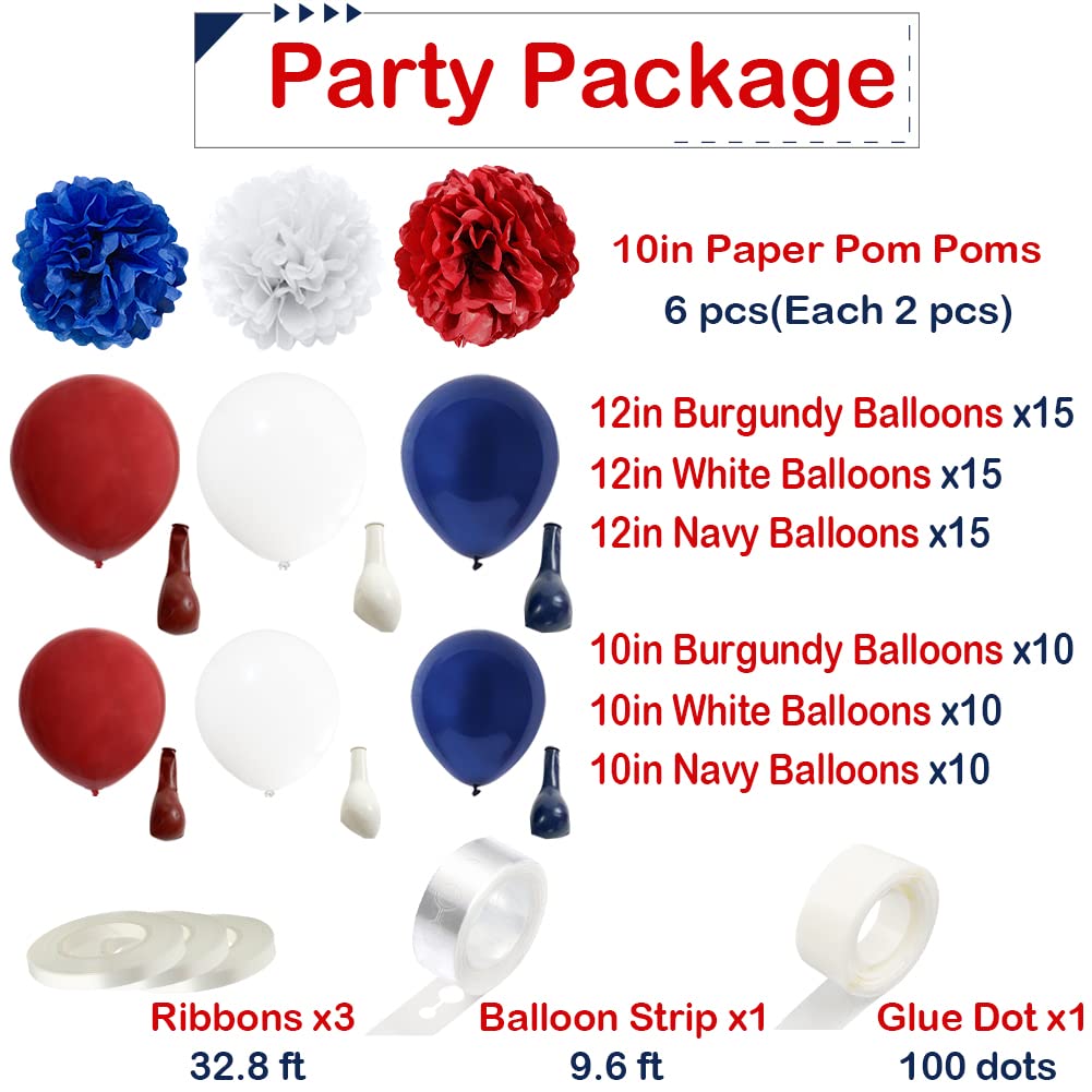 Dark Red White and Blue Balloons Garland Arch Kit with 75Pcs Navy Burgundy White Balloons 6Pcs Paper Flowers for 4th of July Patriotic Graduation Decorations Baseball Bday Party Nautical Baby Shower