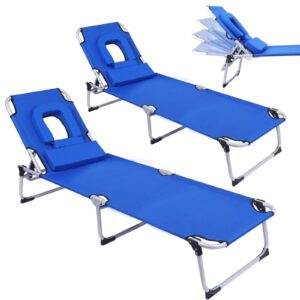 firste portable beach lounge chair 2pcs, sunbathing recliner with tanning face hole removable pillow, folding beach chaise chair with 4 position adjustable, outdoor lounge chair for patio pool