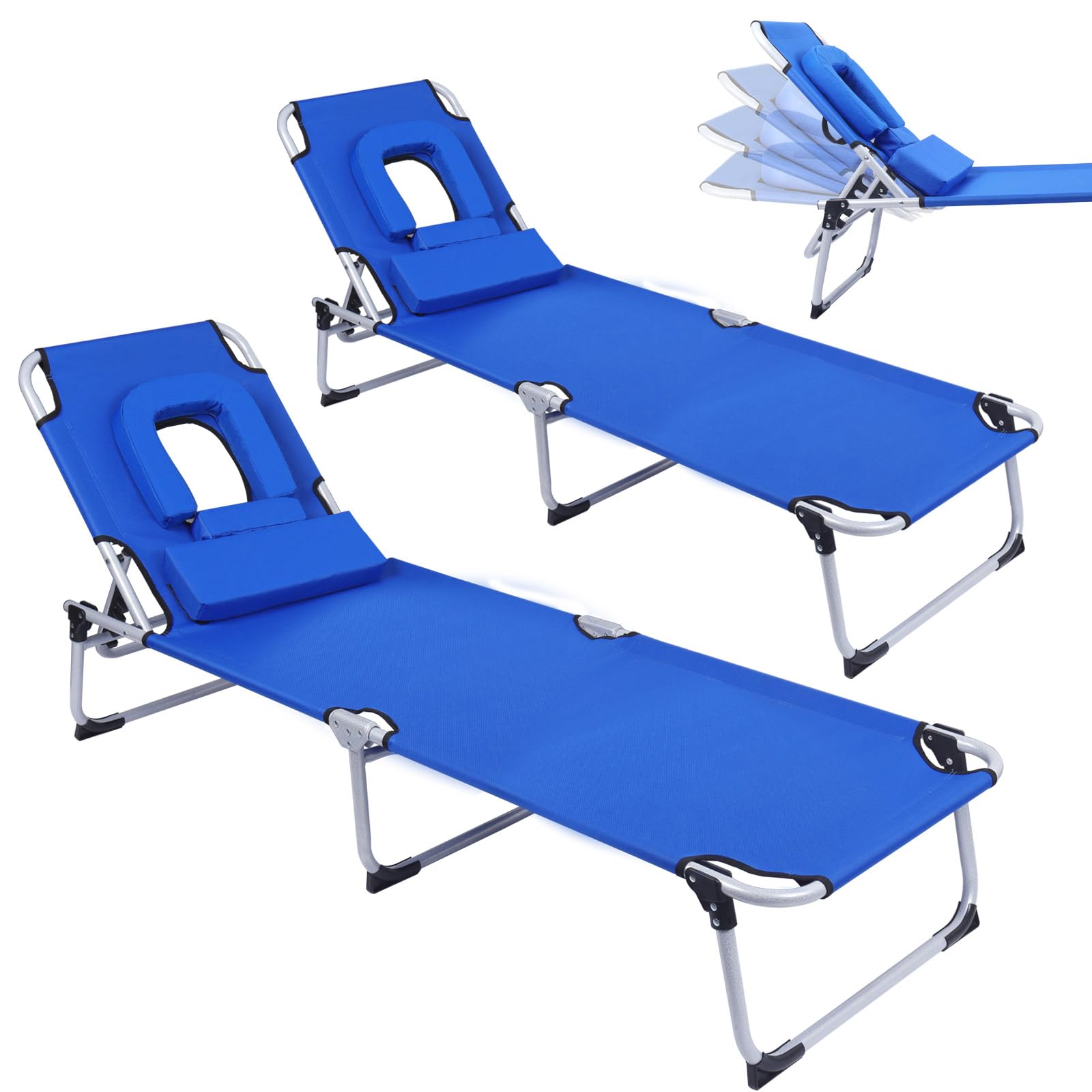 FirstE Portable Beach Lounge Chair 2PCS, Sunbathing Recliner with Tanning Face Hole Removable Pillow, Folding Beach Chaise Chair with 4 Position Adjustable, Outdoor Lounge Chair for Patio Pool