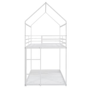 Merax Twin Over Twin House Bunk Bed, Metal Bed Frame Bunk Beds with Roof and Built-in Ladder, No Box Spring Needed, White