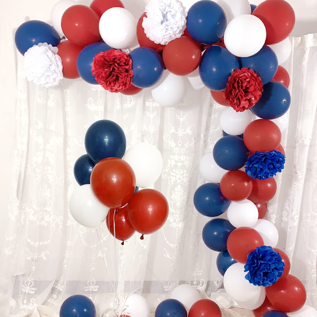 Dark Red White and Blue Balloons Garland Arch Kit with 75Pcs Navy Burgundy White Balloons 6Pcs Paper Flowers for 4th of July Patriotic Graduation Decorations Baseball Bday Party Nautical Baby Shower