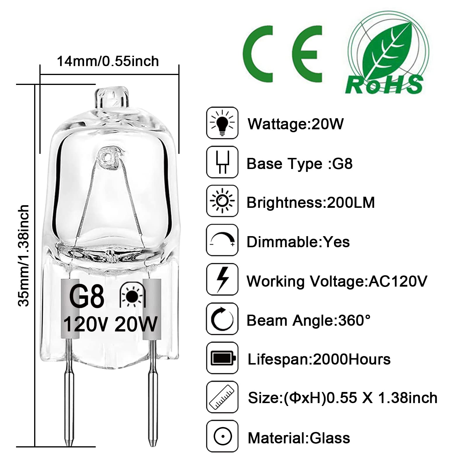 VITUNOV G8 Halogen Bulb 120V 20W Xenon Under Cabinet Lighting Replacements T4 Type 2 Pin Base Dimmable 2700K Warm White (12 Pack)