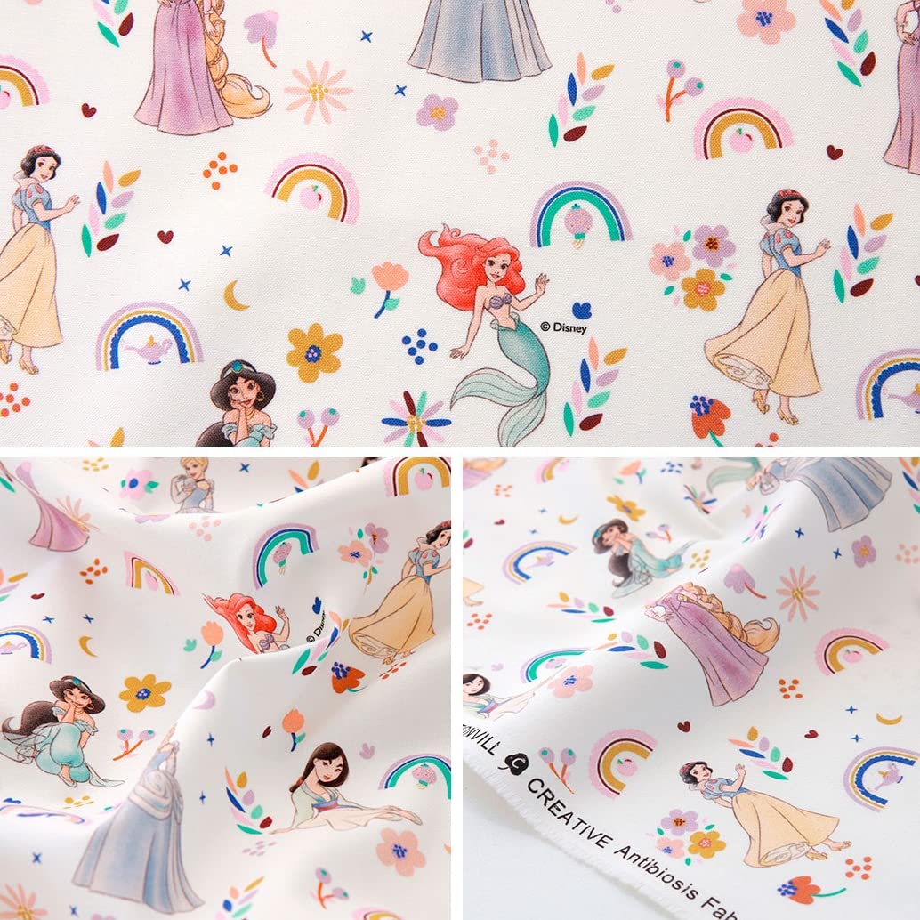 Premium Quality Disney Cotton Fabric Princess Character Fabric by The Yard 44" Wide (Rainbow Princess(Ivory))