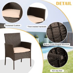 PIKAQTOP 3 Piece Small Patio Furniture Set, PE Rattan Wicker Space Saving Conversation Set with Cushions & Glass Coffee Table, Outdoor Furniture Sets for Deck Front Porch Lawn Garden Balcony Backyard