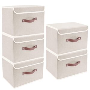 tyeers foldable storage boxes with lids 5 pack fabric storage bins with lids, closet organizers for clothes storage, room organization, office storage, toys - beige