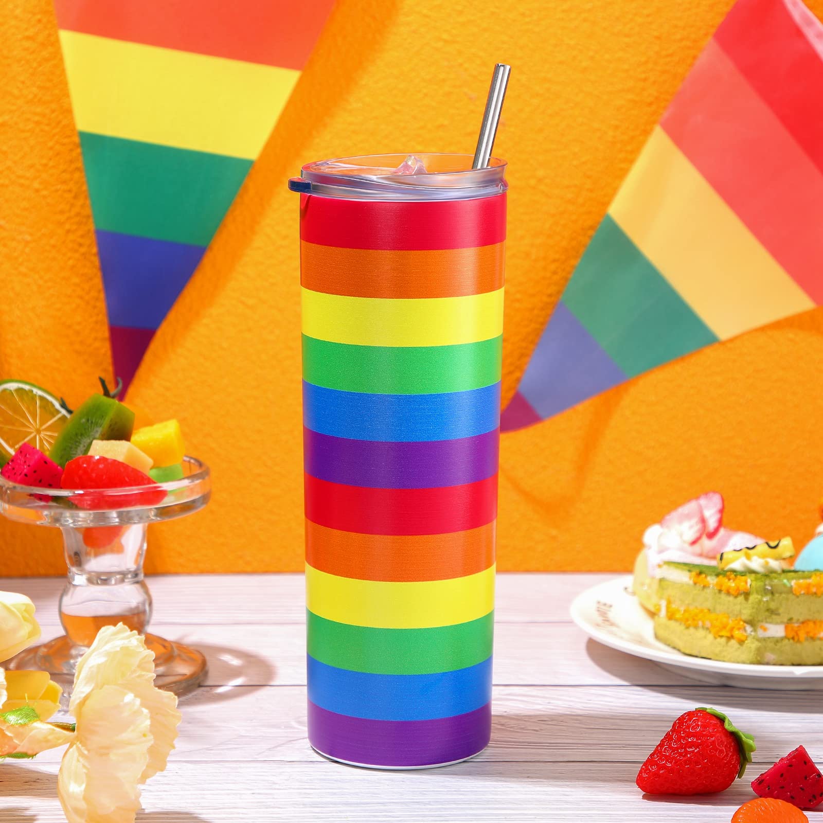 Geiserailie Rainbow Pride Flag Tumbler, Gay Pride Lesbian LGBT Pansexual Gift, Rainbow Striped Water Mug, LGBT Awareness Month Gifts, 20 oz Stainless Steel Insulated Water Tumbler (Rainbow)