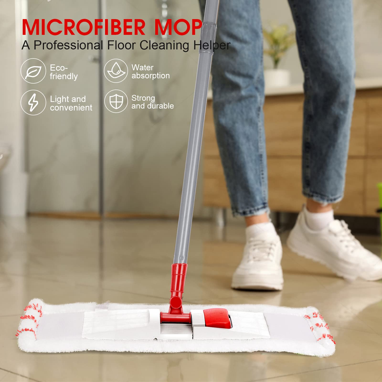 MASTERTOP Microfiber Mop for Floor Cleaning, Flat Dust Mop for Home and Kitchen, Adjustable Stainless Steel Handle with 4 Washable Mop Pads, Hardwood Floor Mop for Wood, Vinyl, 1 Cleaning Scraper