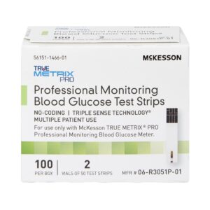 McKesson TRUE METRIX PRO Professional Monitoring Blood Glucose Test Strips - No Coding, Triple Sense Technology, Multiple Patient Use - Vials of Strips, 100 Strips, 2 Packs, 200 Total