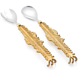 GUTE Gold Leaf Salad Servers Brass & Stainless Steel, Fork & Spoon Set Leaf Design, Two Tone Ideal for Weddings, Dinner, Elegant Flatware, Housewarming, Stainless Steel Mirror Polished