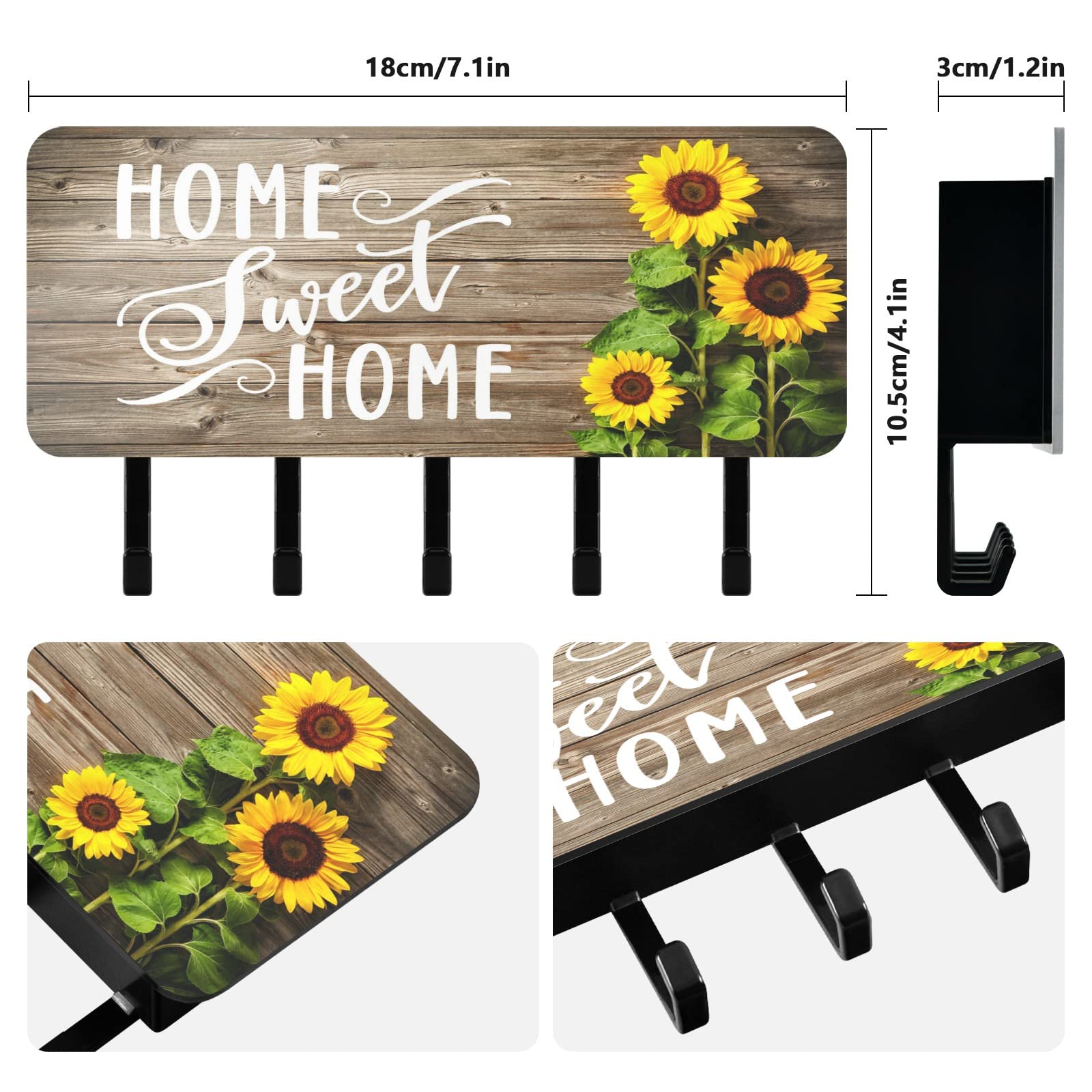 linqin Home Sweet Home Sunflower Key Holder for Wall, Decorative Wall Mounted Key Racks with 5 Key Hooks, Mail Key Organizer with Hanger for Entryway/Door/Bathroom/Kitchen