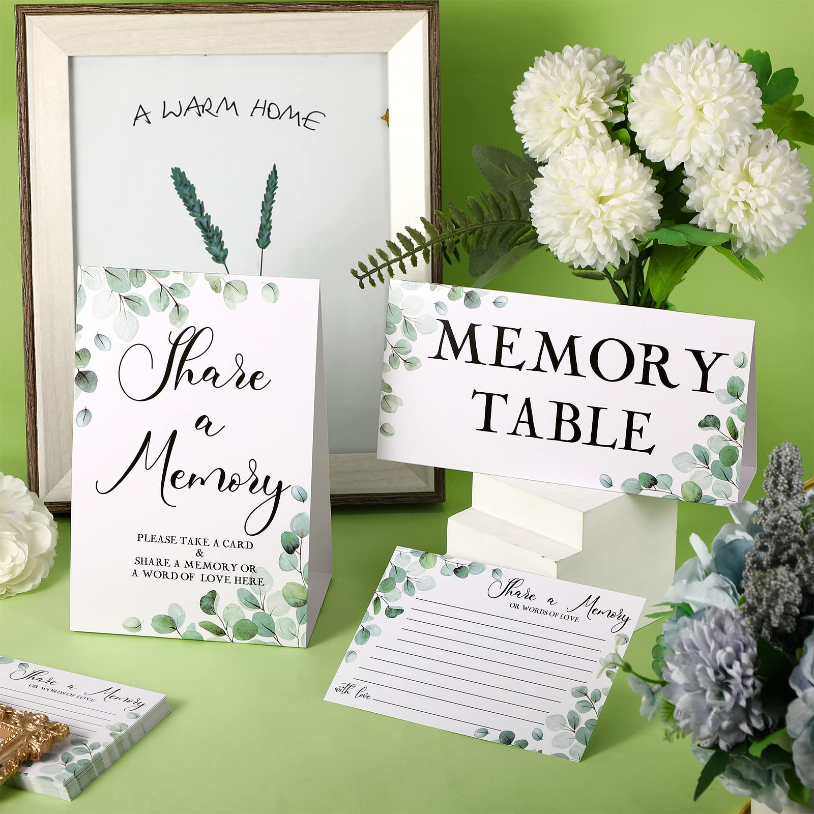 52 Pcs Greenery Eucalyptus Share a Memory Cards and Memory Table Signs Greenery Flower Seating Place Cards Funeral Celebration of Life Guest Book Card for Graduation Wedding, 3 Styles(Leaf Style)