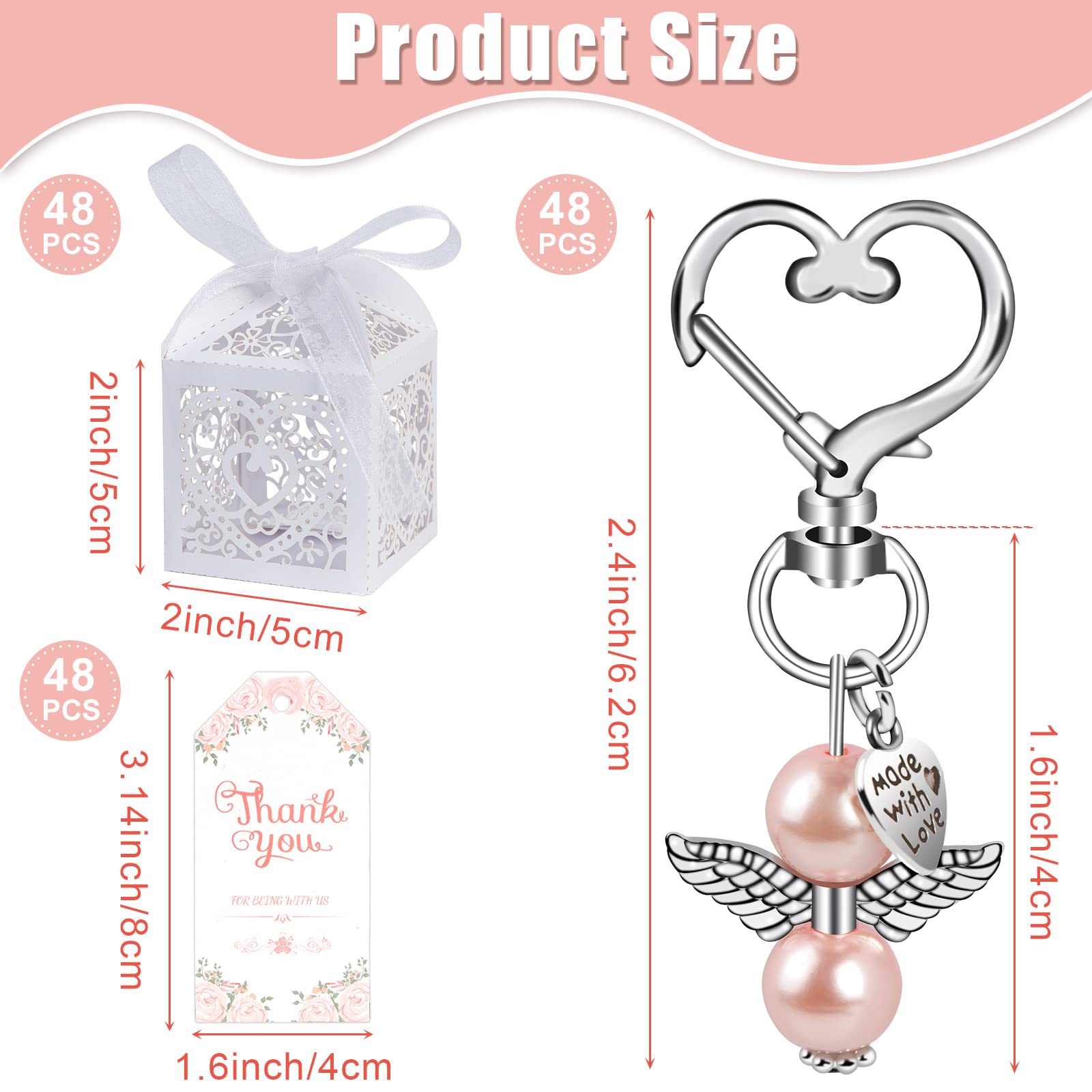 OurWarm 144Pcs Baby Shower Favors Including Cute Angel Keychains, Favor Boxes and Thank You Cards for Baptism Favors, Bridal Shower Favors, Birthday Party Favors Wedding Favors for Guests (Pink)