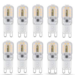 sriomny g9 led bulb 2w equivalent to 20 25 w halogen lamp equivalent, t4 g9 warm white 3000k, ac 120v g9 bi-pin base, 360°omni-directional lighting, suitable for household lighting 10 pack