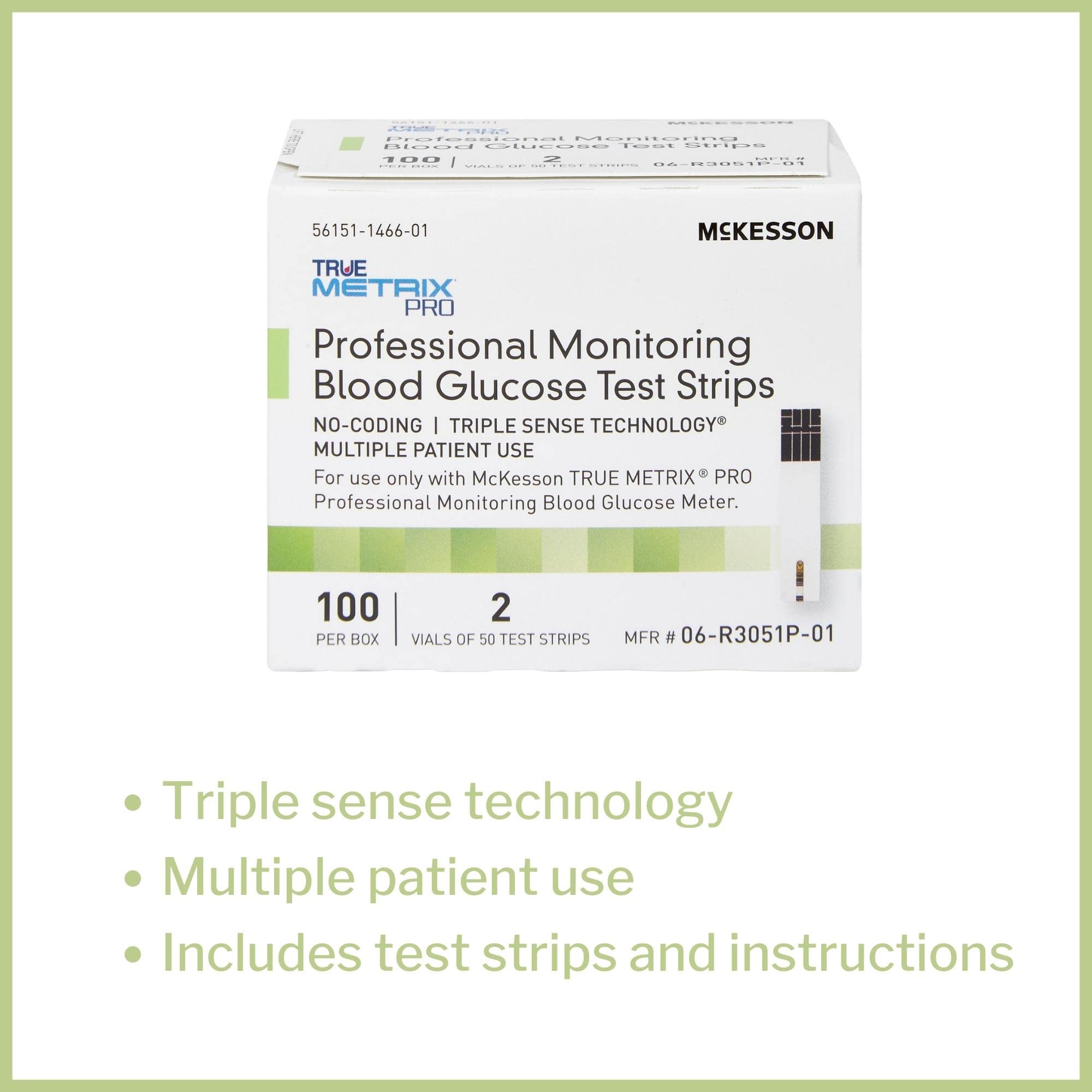 McKesson TRUE METRIX PRO Professional Monitoring Blood Glucose Test Strips - No Coding, Triple Sense Technology, Multiple Patient Use - Vials of Strips, 100 Strips, 6 Packs, 600 Total