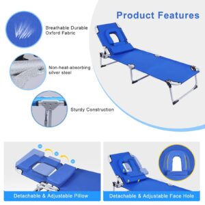 FirstE Portable Beach Lounge Chair 2PCS, Sunbathing Recliner with Tanning Face Hole Removable Pillow, Folding Beach Chaise Chair with 4 Position Adjustable, Outdoor Lounge Chair for Patio Pool