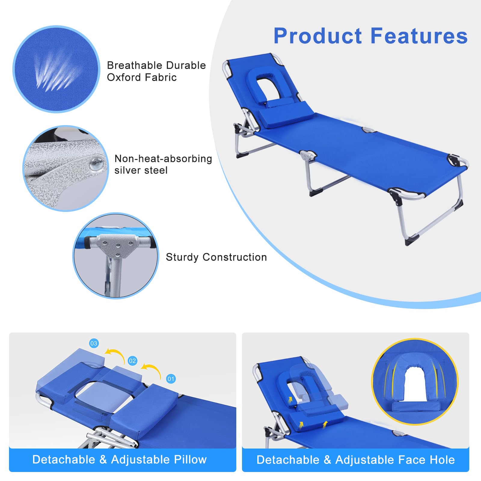 FirstE Portable Beach Lounge Chair 2PCS, Sunbathing Recliner with Tanning Face Hole Removable Pillow, Folding Beach Chaise Chair with 4 Position Adjustable, Outdoor Lounge Chair for Patio Pool