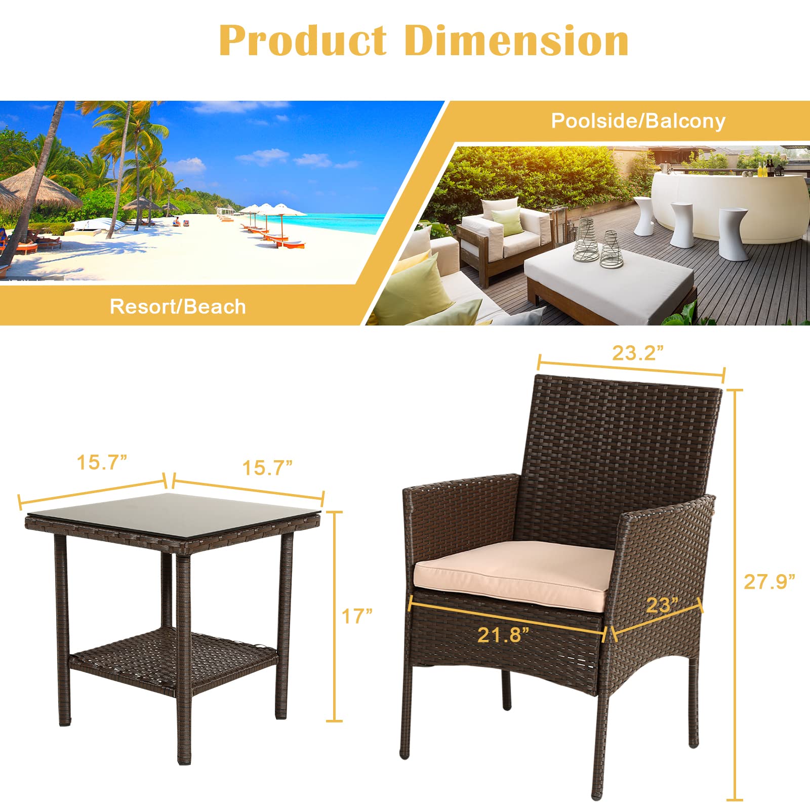 PIKAQTOP 3 Piece Small Patio Furniture Set, PE Rattan Wicker Space Saving Conversation Set with Cushions & Glass Coffee Table, Outdoor Furniture Sets for Deck Front Porch Lawn Garden Balcony Backyard