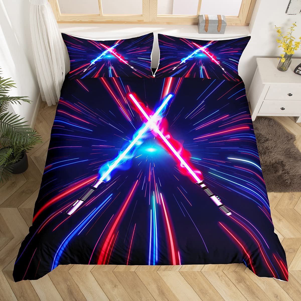 Lightsaber Duvet Cover Set Queen Size,Geometric Lines Gradient Bedding Set 3pcs for Kids Teens Boys Room Decor, Future Technology Metaverse Comforter Cover Red Blue Quilt Cover with 2 Pillowcases