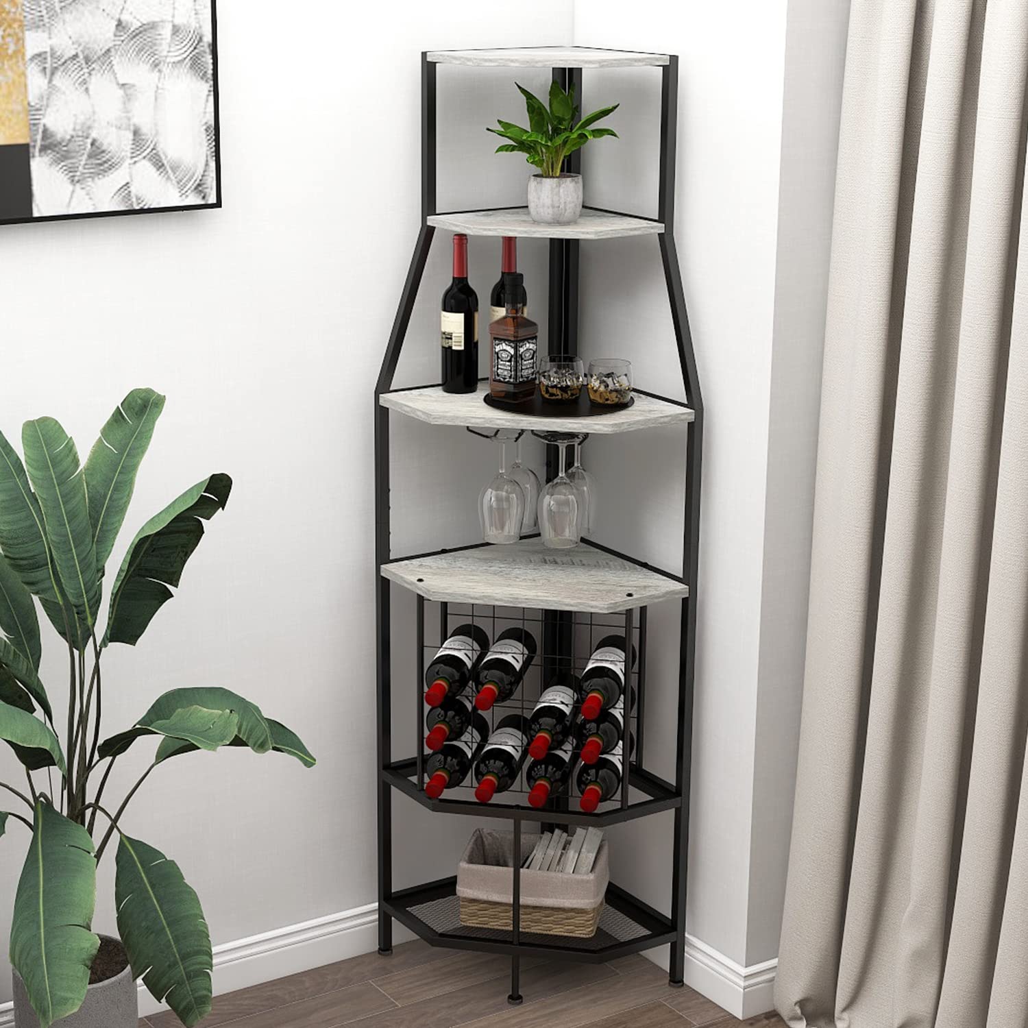 Espelism 5-Tier Corner Wine Rack Floorstanding with Glass Holder and Bottles Wine Storage Home Bar Furniture for Home Kitchen Dining Room Industrial Metal and Wooden Corner Shelf