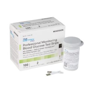 mckesson true metrix pro professional monitoring blood glucose test strips - no coding, triple sense technology, multiple patient use - vials of strips, 100 strips, 3 packs, 300 total