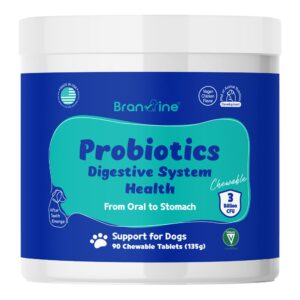 branvine probiotics chewable digestive system health for dogs - patented 2-strain probiotics that help oral health, dgl, propolis, digestive enzymes, vegan chicken flavor (90 chewables)