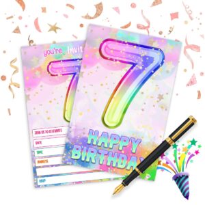 MUZRUYOU 7th Birthday party Invitation Cards, Rainbow Holographic invite with Envelopes（20 pack