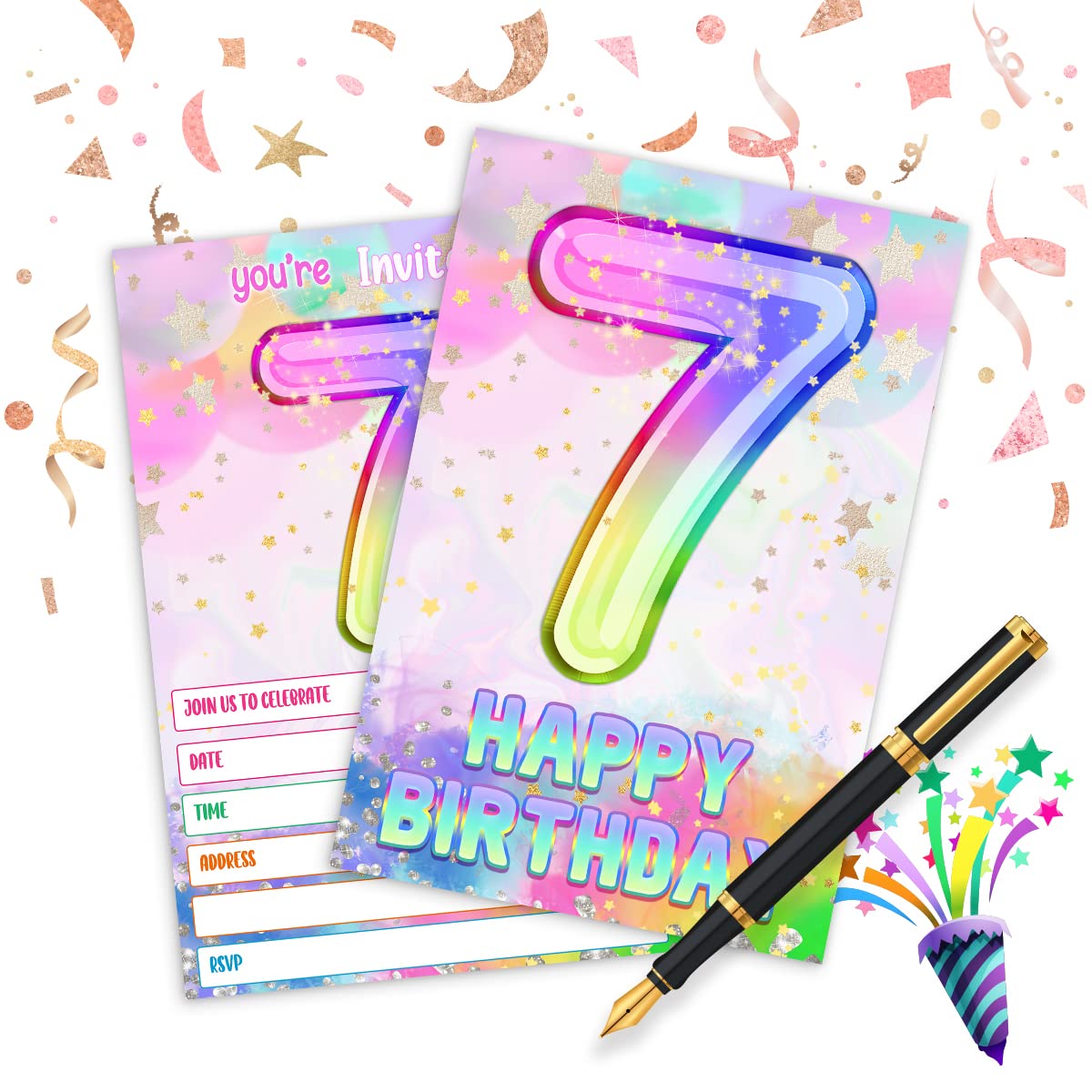 MUZRUYOU 7th Birthday party Invitation Cards, Rainbow Holographic invite with Envelopes（20 pack