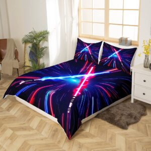 Lightsaber Duvet Cover Set Queen Size,Geometric Lines Gradient Bedding Set 3pcs for Kids Teens Boys Room Decor, Future Technology Metaverse Comforter Cover Red Blue Quilt Cover with 2 Pillowcases