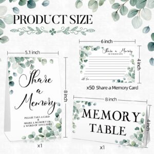 52 Pcs Greenery Eucalyptus Share a Memory Cards and Memory Table Signs Greenery Flower Seating Place Cards Funeral Celebration of Life Guest Book Card for Graduation Wedding, 3 Styles(Leaf Style)