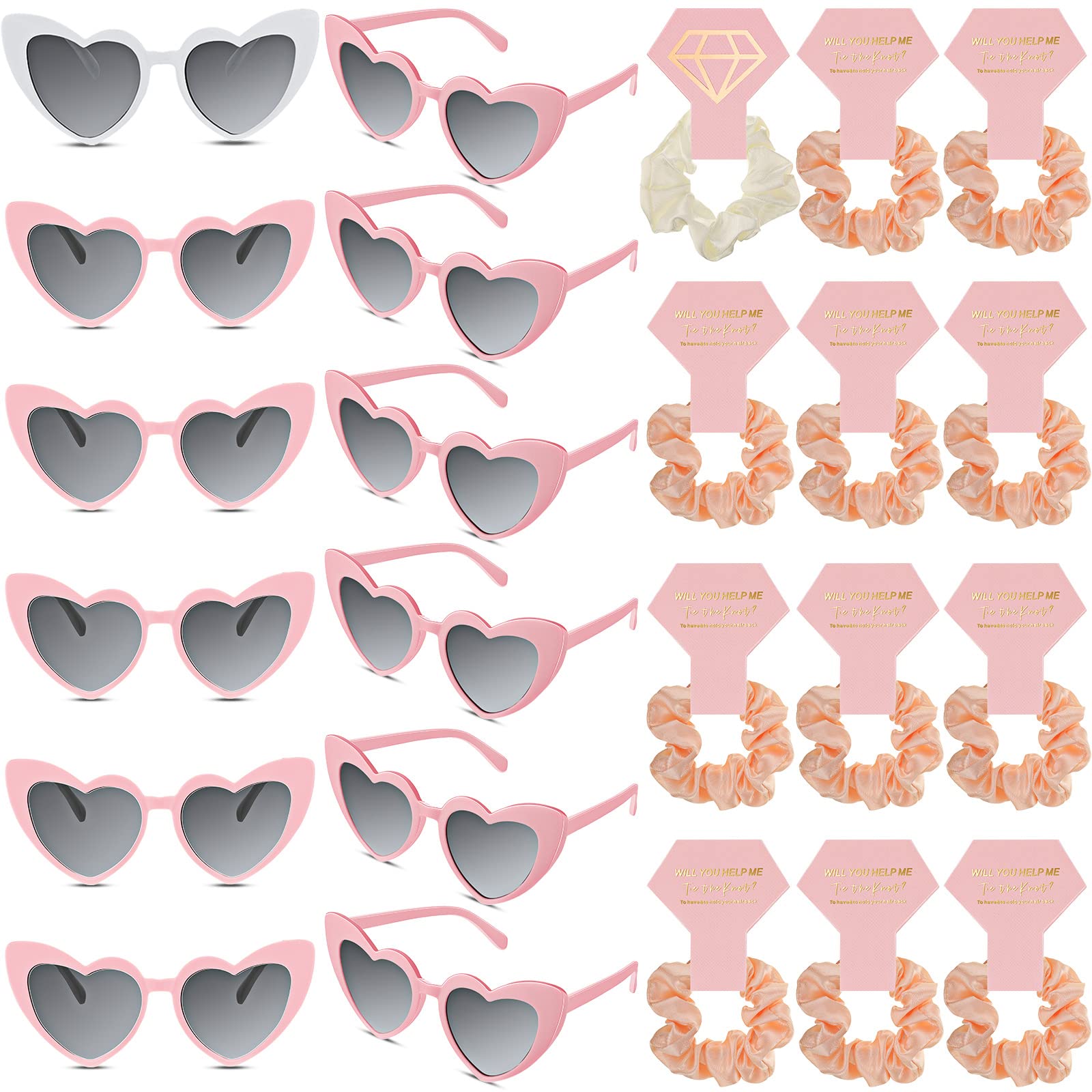 24 Bridesmaid Proposal Gift Set Bachelorette Theme Party Favors 12 Bachelorette Heart Shaped Bride Sunglasses 12 Satin Hair Scrunchies for Bridal Wedding Party Supplies (White and Pink Frame)