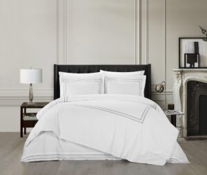 chic home alexander 3 piece cotton duvet cover set solid white with dual stripe embroidered hotel collection bedding – includes two pillow shams, king, grey