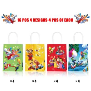 16PCS Party Gift Bags for Super Bros Birthday Party Supplies, Party Favor Bags for Bro Cartoon Birthday Party Supplies, Goody Candy Treat Bags for Super Bros Party Favors Decor Super Bros Themed