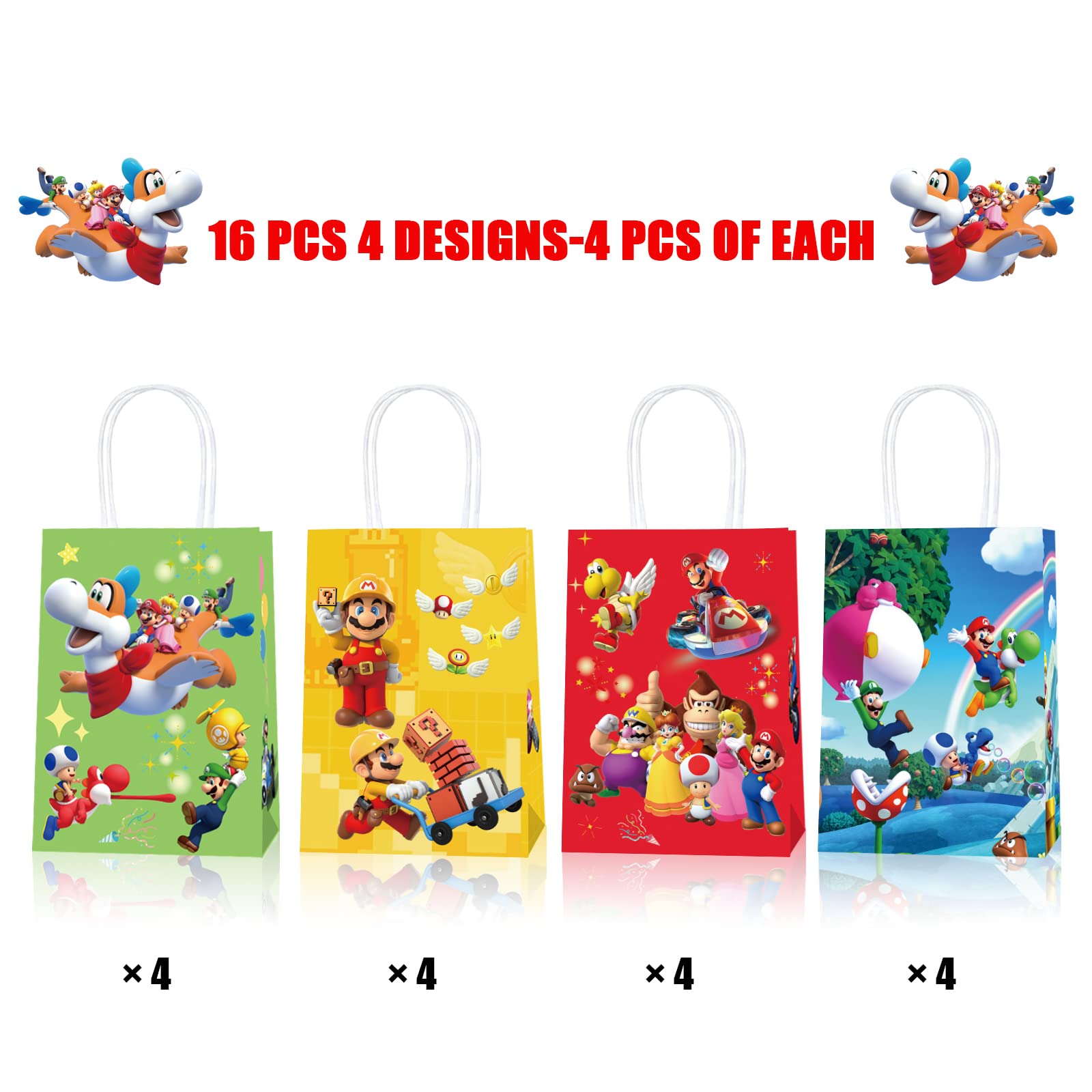 16PCS Party Gift Bags for Super Bros Birthday Party Supplies, Party Favor Bags for Bro Cartoon Birthday Party Supplies, Goody Candy Treat Bags for Super Bros Party Favors Decor Super Bros Themed