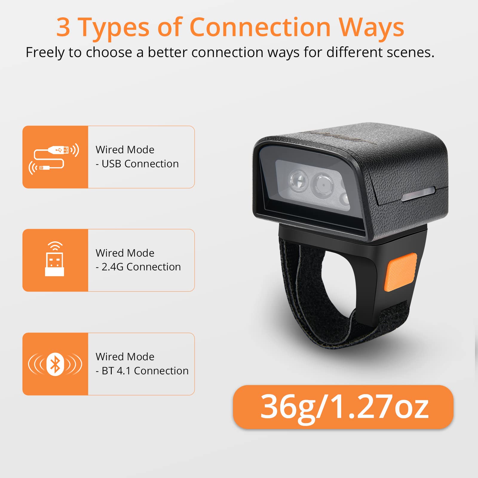 JRHC 2D Bluetooth Barcode Scanner, Portable Wireless Bar Code Scanner Wearable Finger 1D 2D QR Mini Bar Code Reader with2.4G Wireless & Wired Connection Mini Finger Bar Code Reader