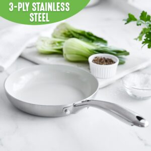 GreenLife Tri-Ply Stainless Steel Healthy Ceramic Nonstick, 8" Frying Pan Skillet, PFAS-Free, Multi Clad, Induction, Dishwasher Safe, Oven Safe, Silver