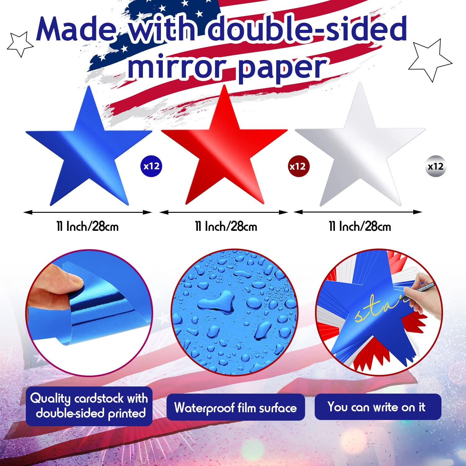 Epakh 36 Pieces Star Cardstock Cutouts 11 Inches Double Printed Paper Stars Glitter Star Decoration for Bulletin Board Wedding Party Supplies (Red,Blue,Silver)