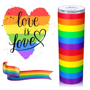 Geiserailie Rainbow Pride Flag Tumbler, Gay Pride Lesbian LGBT Pansexual Gift, Rainbow Striped Water Mug, LGBT Awareness Month Gifts, 20 oz Stainless Steel Insulated Water Tumbler (Rainbow)