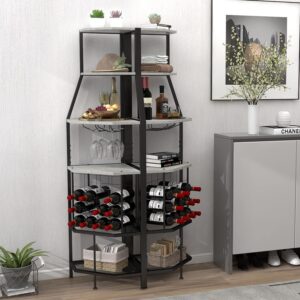 Espelism 5-Tier Corner Wine Rack Floorstanding with Glass Holder and Bottles Wine Storage Home Bar Furniture for Home Kitchen Dining Room Industrial Metal and Wooden Corner Shelf