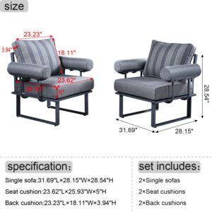 HOOOWOOO Aluminium Outdoor Chairs Set of 2 Patio Club Chairs Armchairs Bistro Set Chairs with Armrest Cushions,Grey Frame Grey Stripes Thick Cushions